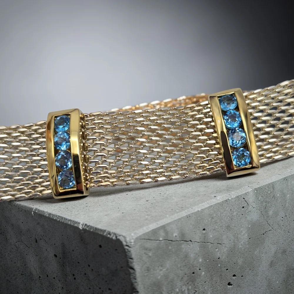 Sterling Vermeil Blue Topaz Mesh Bracelet 6.75” 925 Thailand Estate - Picture 4 of 9